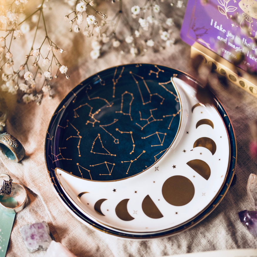 CONSTELLATIONS CERAMIC NESTING MOON DISH SET, MIDNIGHT BLUE, WHITE & GOLD
