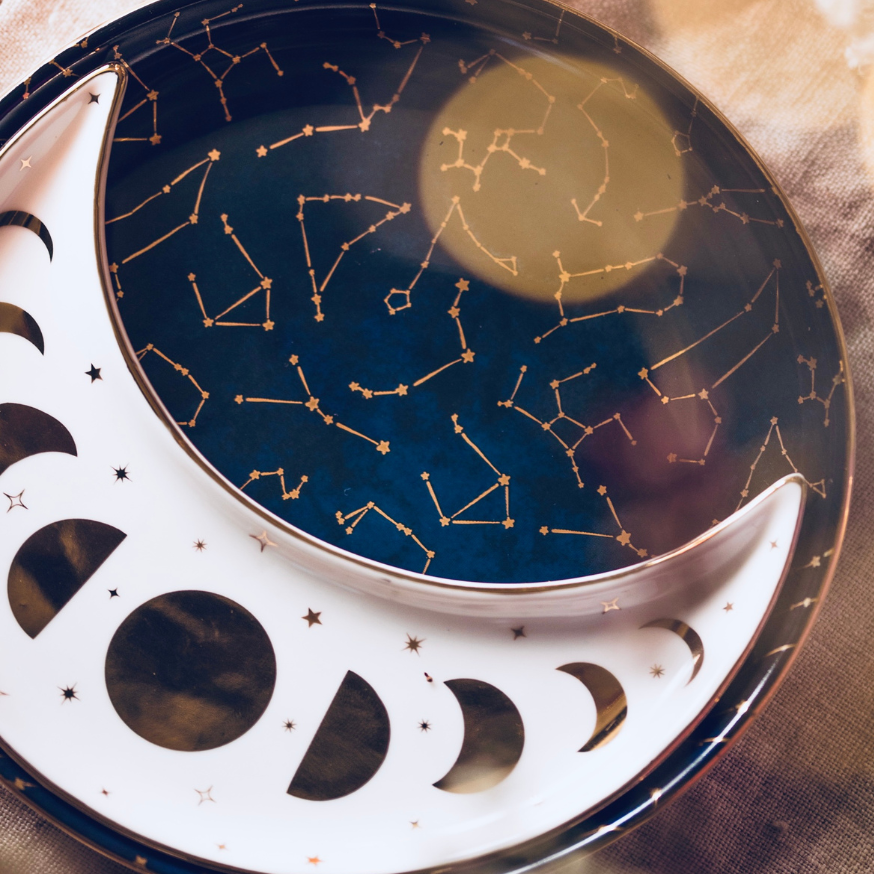 CONSTELLATIONS CERAMIC NESTING MOON DISH SET, MIDNIGHT BLUE, WHITE & GOLD