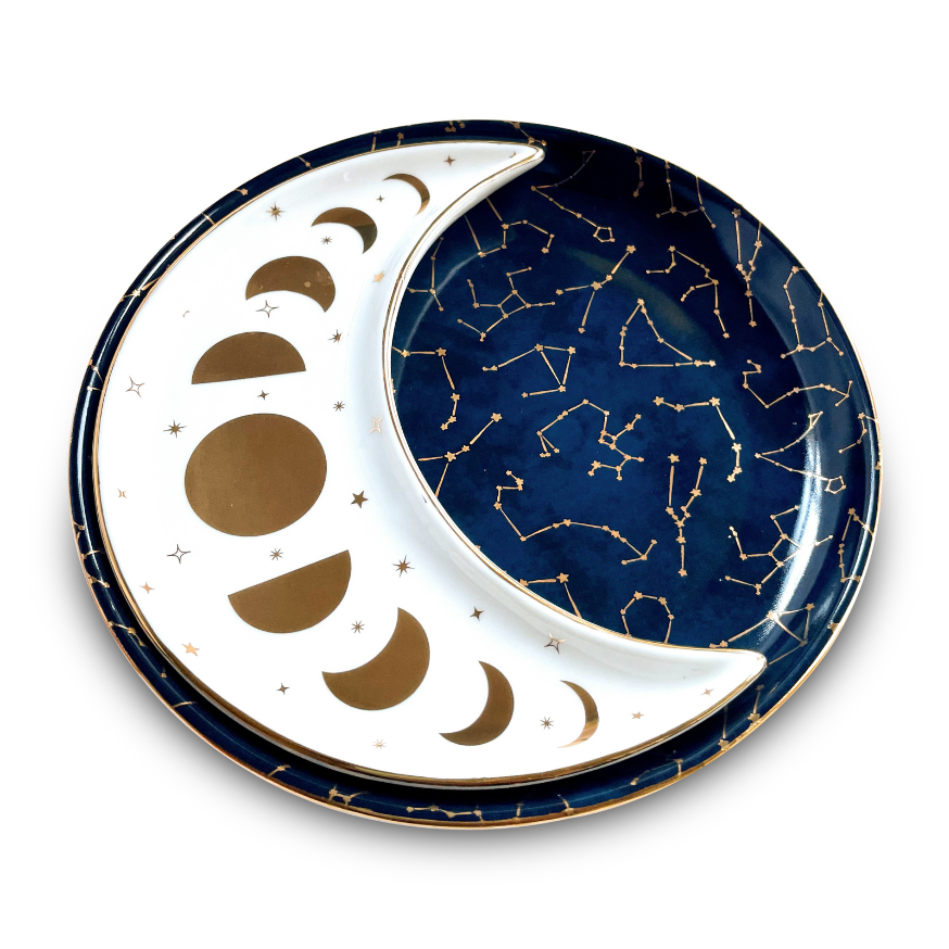 CONSTELLATIONS CERAMIC NESTING MOON DISH SET, MIDNIGHT BLUE, WHITE & GOLD