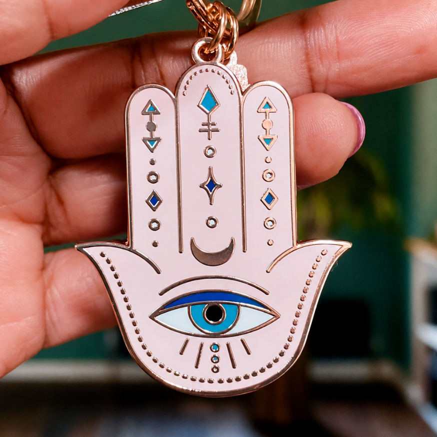 HAMSA DOUBLE-SIDED ENAMEL KEYCHAIN, ROSE GOLD, TURQUOISE & PINK