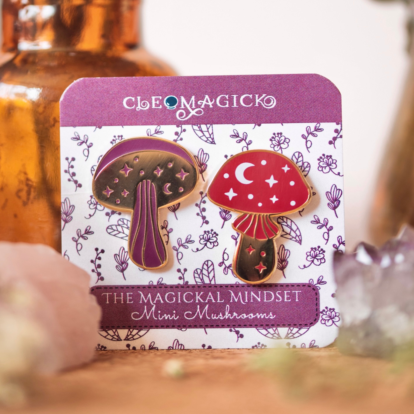 MINI MUSHROOMS ENAMEL PIN DUO SET, PURPLE, RED AND GOLD