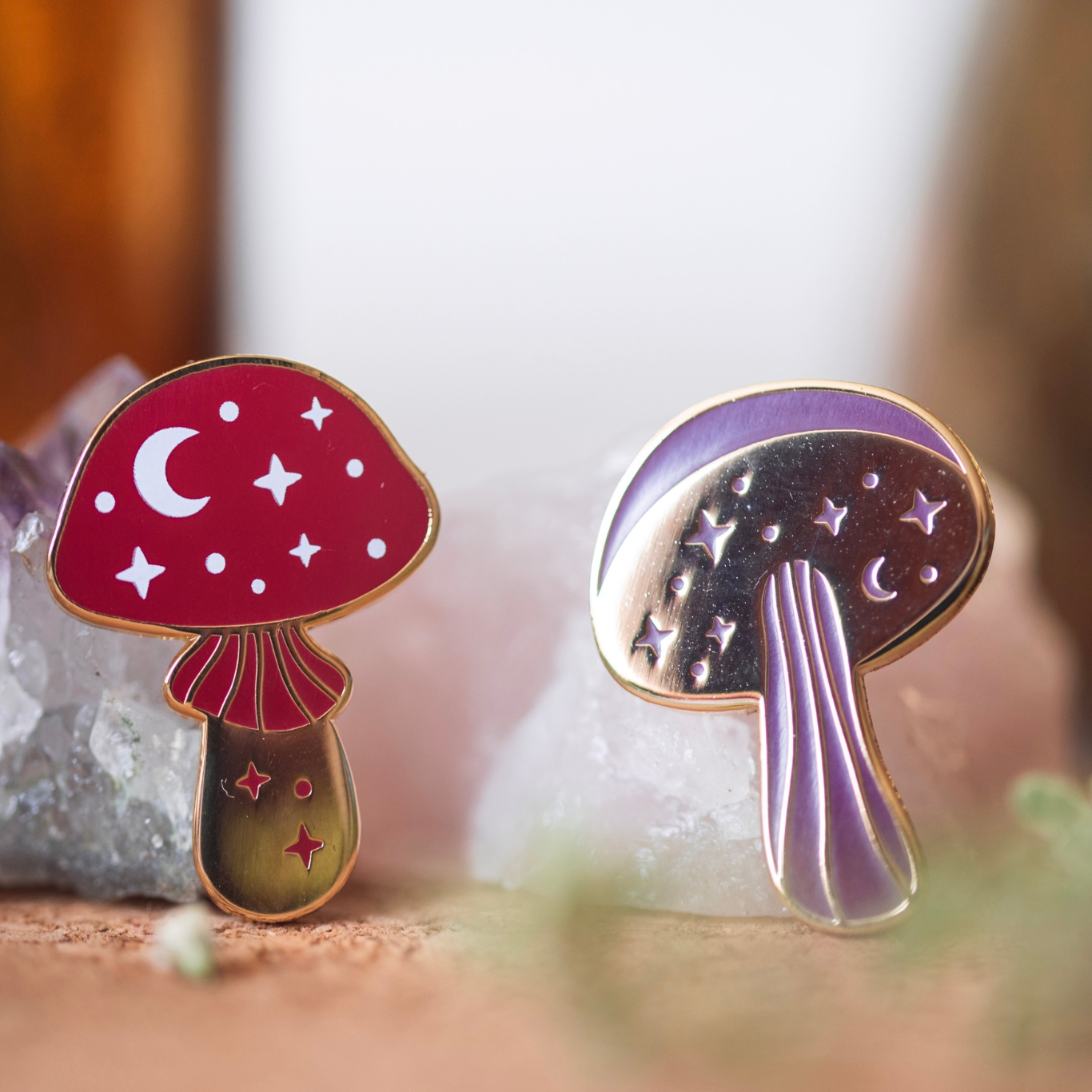 MINI MUSHROOMS ENAMEL PIN DUO SET, PURPLE, RED AND GOLD