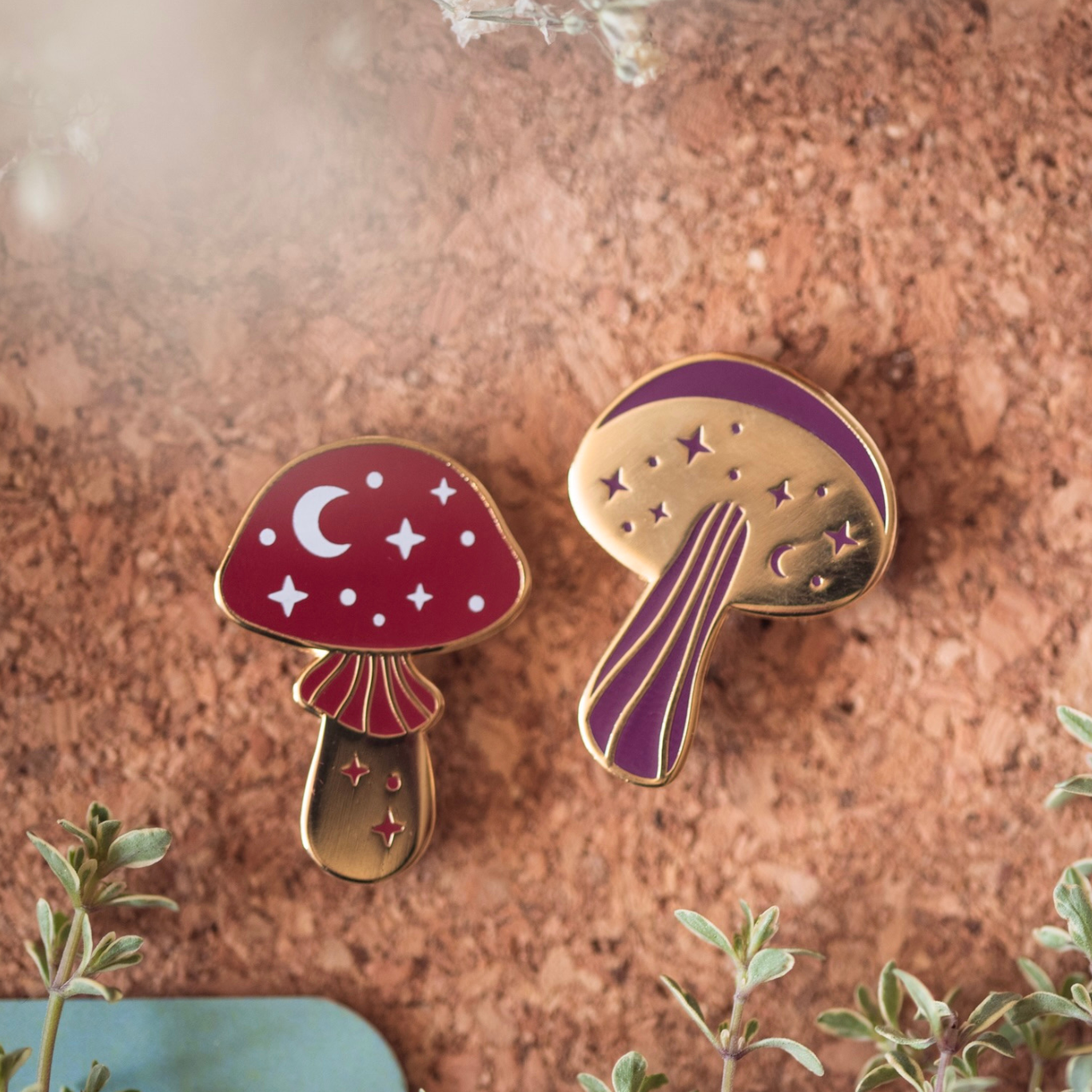 MINI MUSHROOMS ENAMEL PIN DUO SET, PURPLE, RED AND GOLD