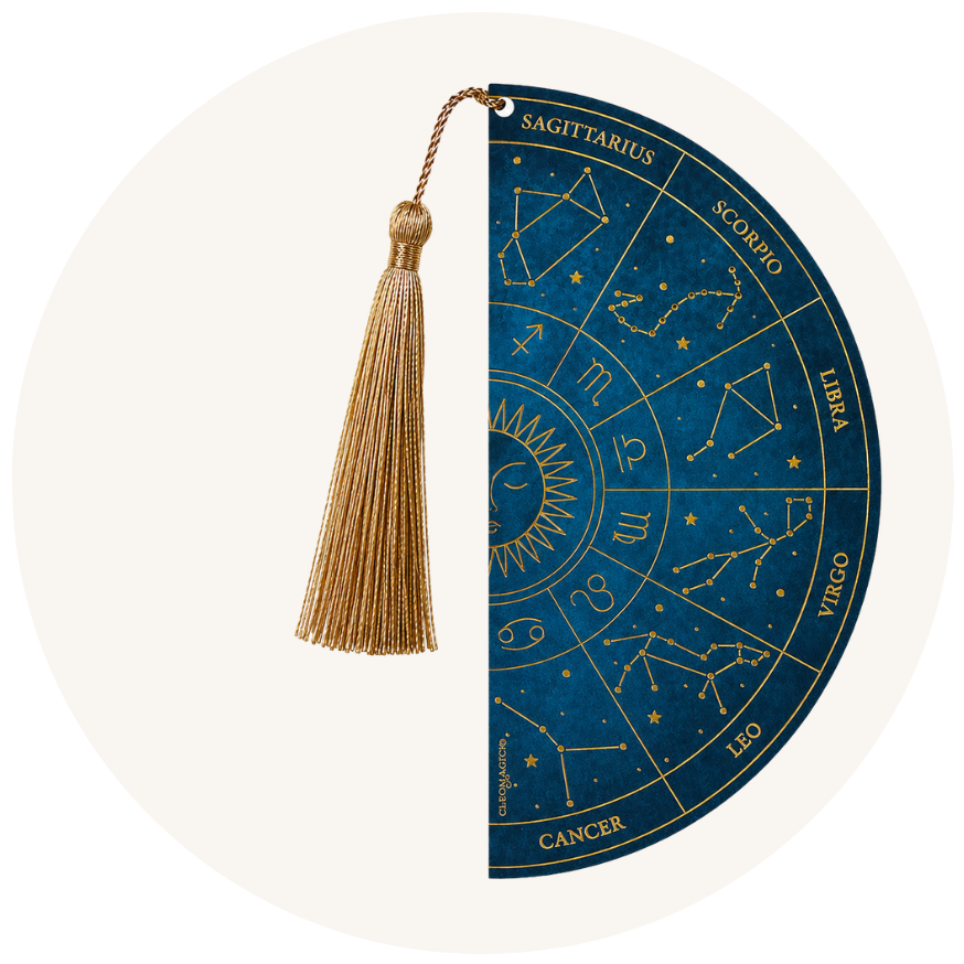 ZODIAC WHEEL DOUBLE-SIDED BOOKMARK, BLUE & GOLD