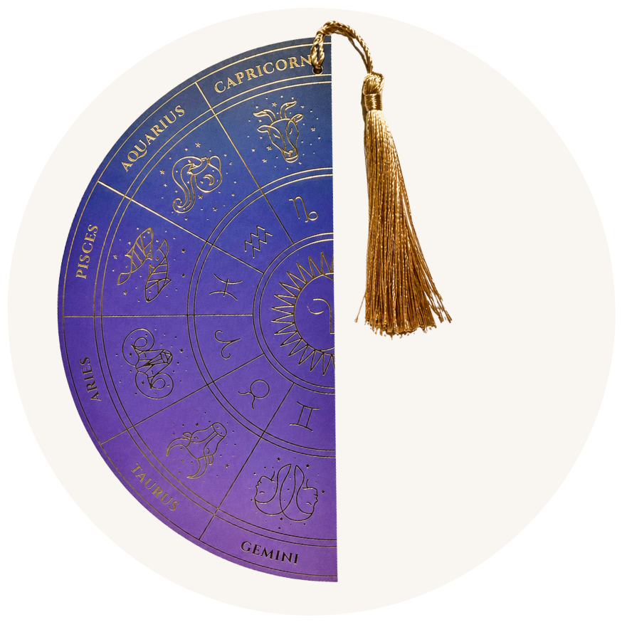 ZODIAC WHEEL DOUBLE-SIDED BOOKMARK, PURPLE OMBRE & GOLD