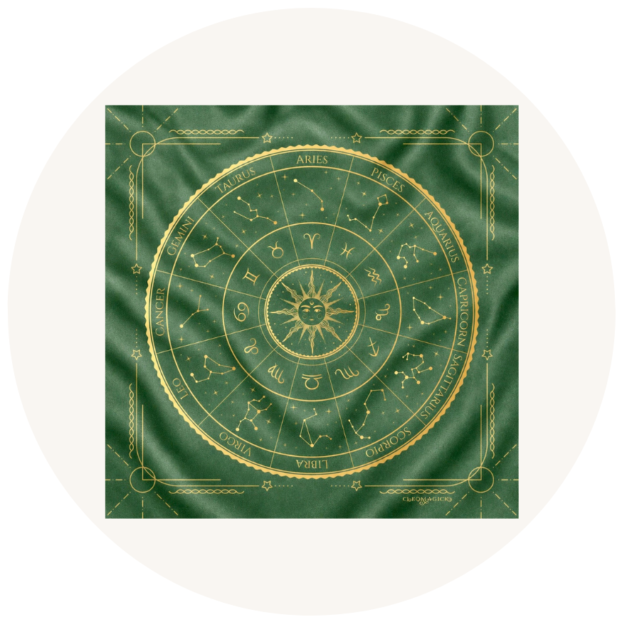 ZODIAC WHEEL ALTAR CLOTH, GREEN, 100% SILK