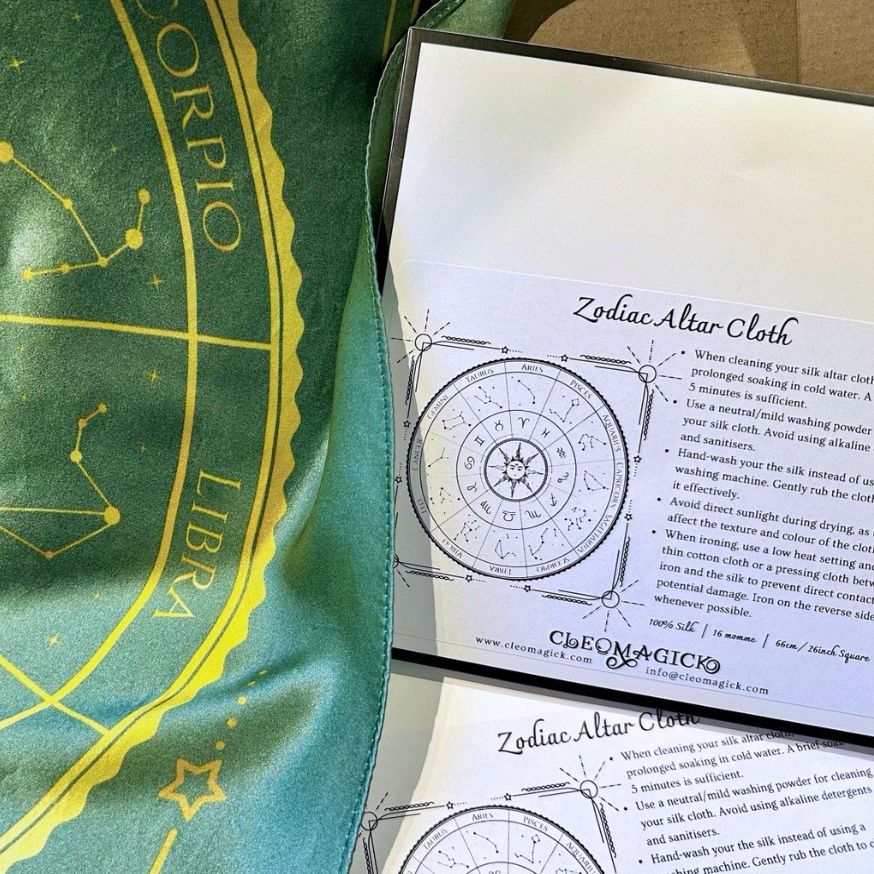 ZODIAC WHEEL ALTAR CLOTH, GREEN, 100% SILK