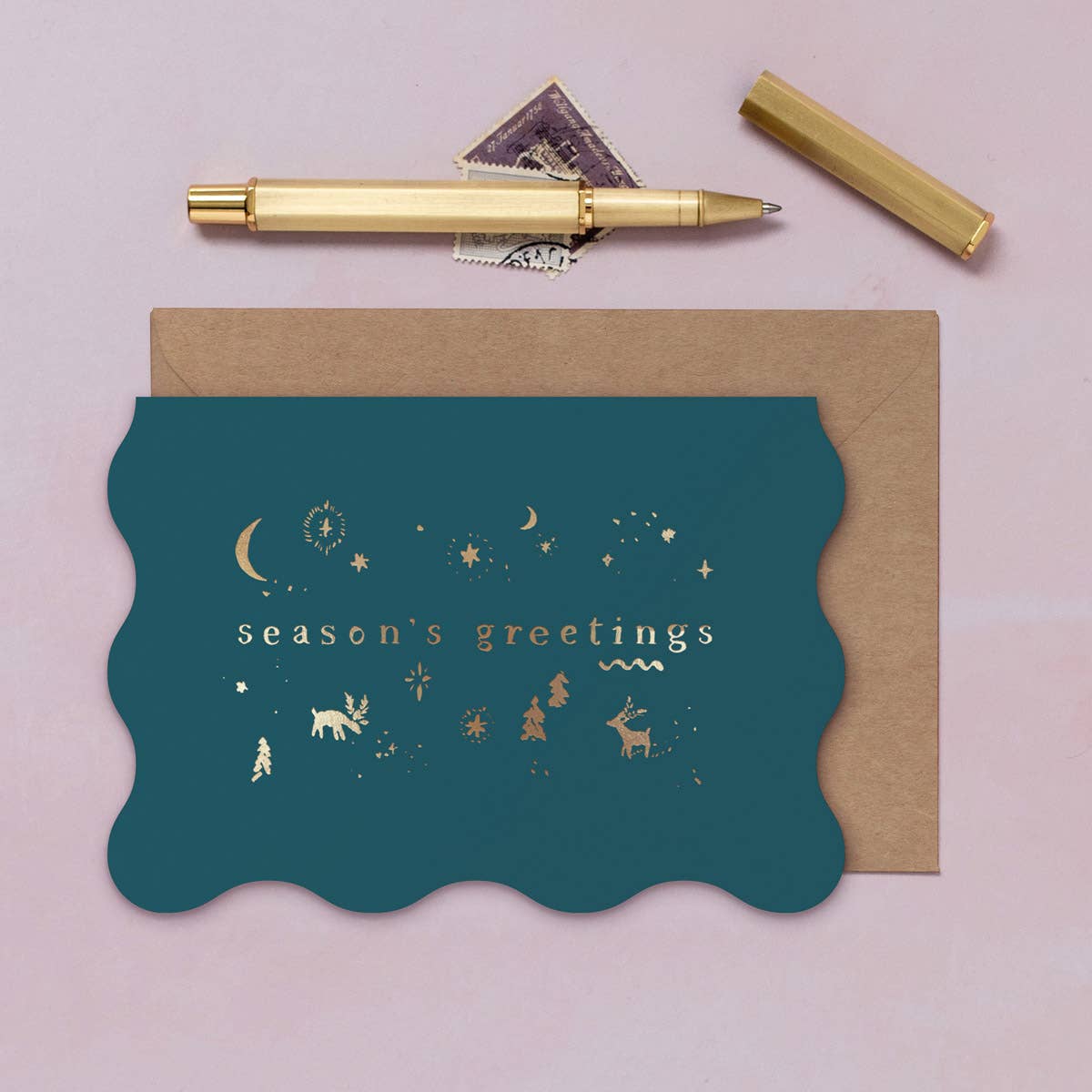 Season's Greetings Scene Card | Holiday Card, Green & Gold