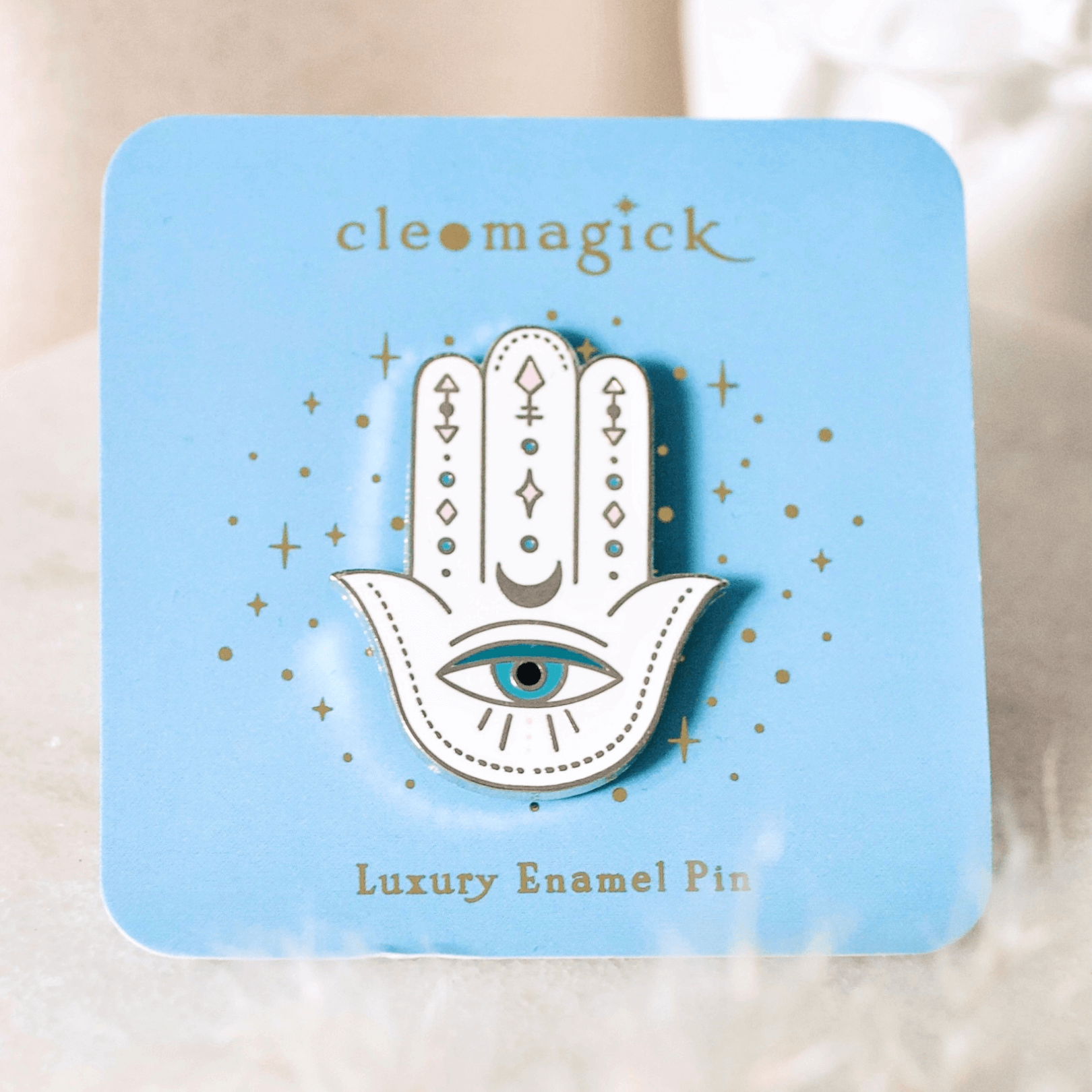 HAMSA ENAMEL PIN, WHITE & SILVER