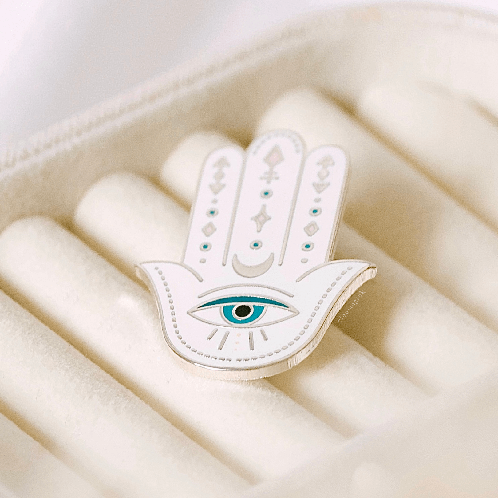 HAMSA ENAMEL PIN, WHITE & SILVER