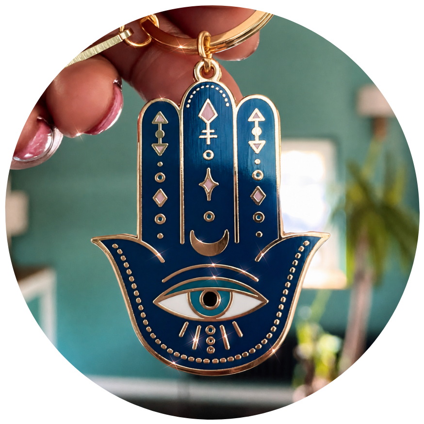 HAMSA DOUBLE-SIDED ENAMEL KEYCHAIN IN GOLD, BLUE & WHITE