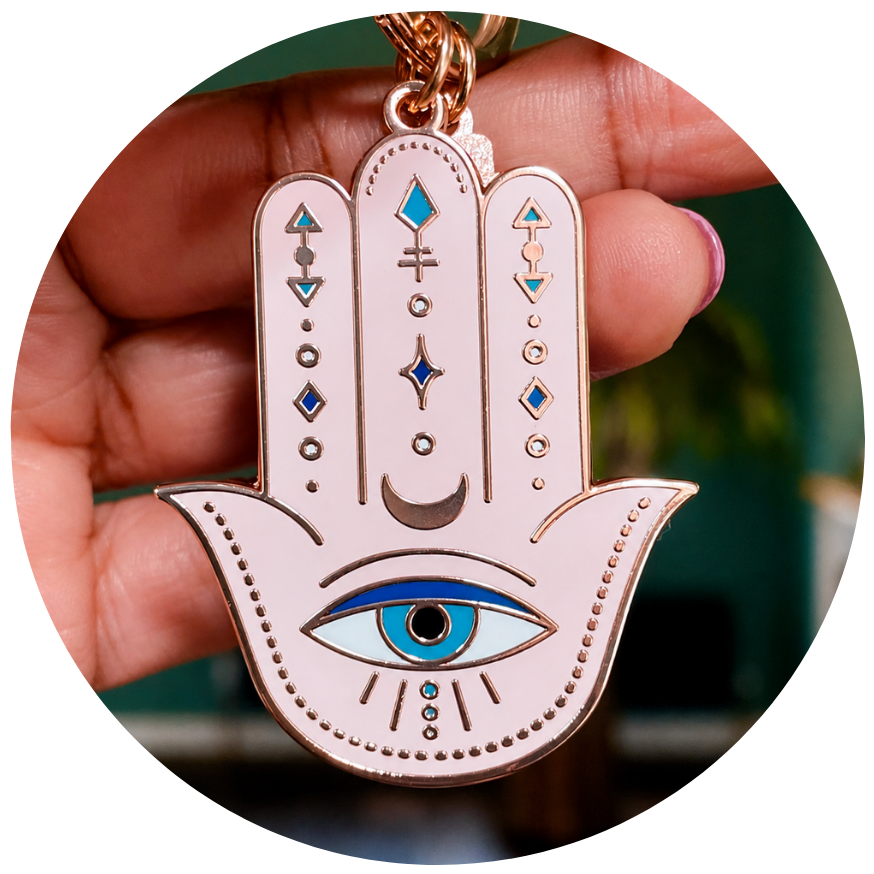 HAMSA DOUBLE-SIDED ENAMEL KEYCHAIN, ROSE GOLD, TURQUOISE & PINK
