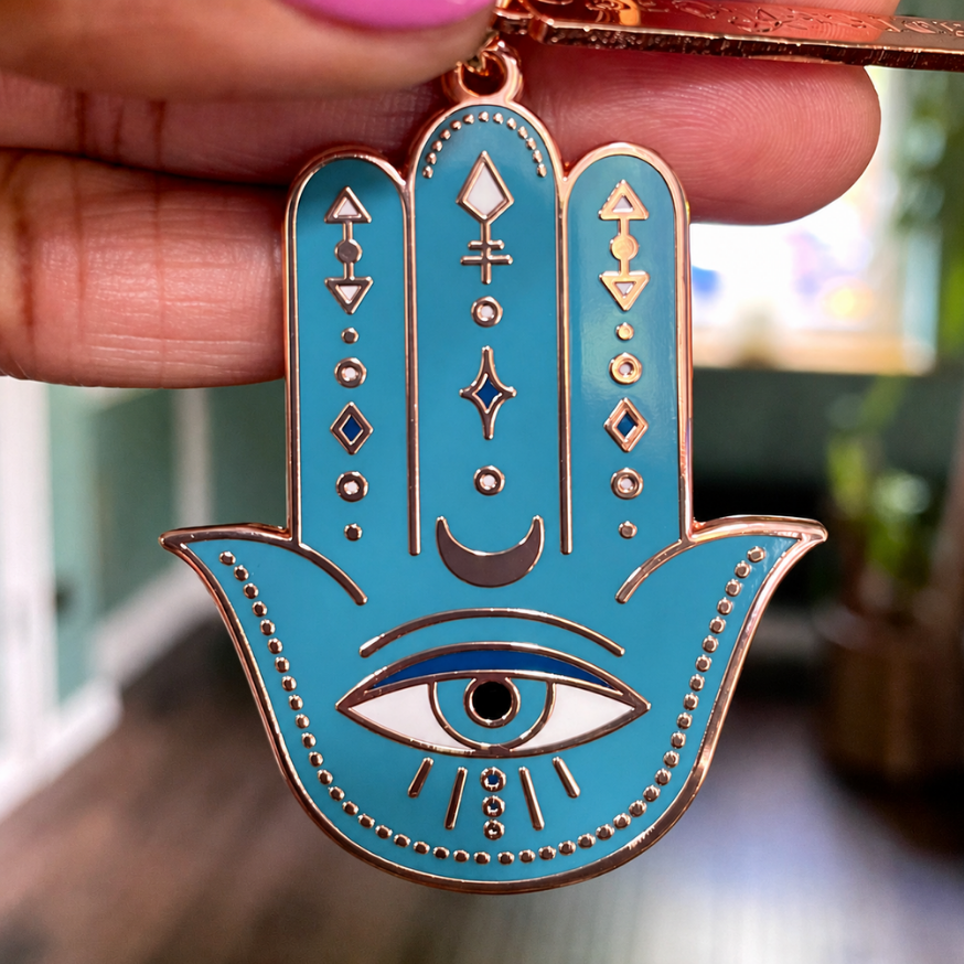 HAMSA DOUBLE-SIDED ENAMEL KEYCHAIN, ROSE GOLD, TURQUOISE & PINK
