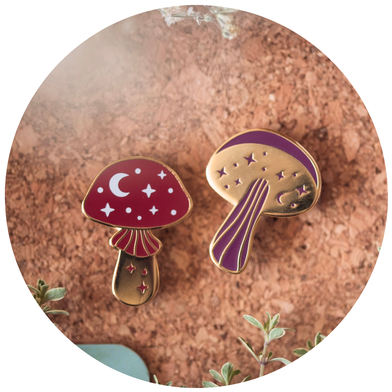 MINI MUSHROOMS ENAMEL PIN DUO SET, PURPLE, RED AND GOLD