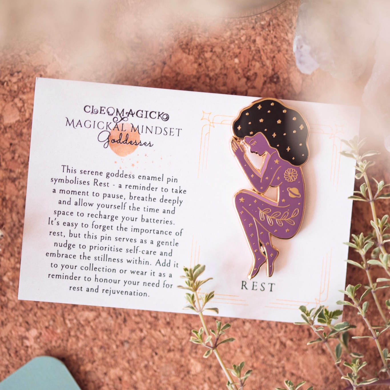 GODDESS OF REST ENAMEL PIN, PURPLE AND GOLD