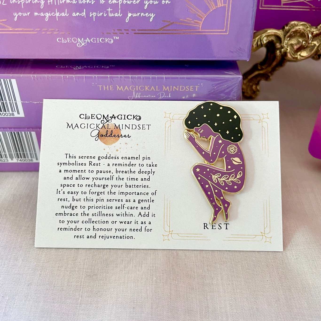 GODDESS OF REST ENAMEL PIN, PURPLE AND GOLD