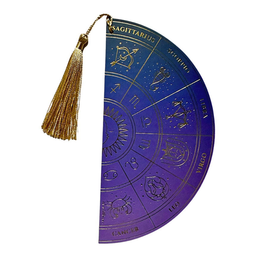 ZODIAC WHEEL DOUBLE-SIDED BOOKMARK, PURPLE OMBRE & GOLD