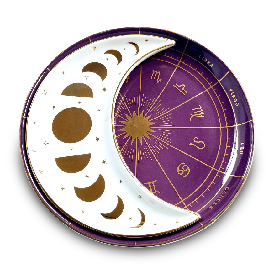 ZODIAC CERAMIC NESTING MOON DISH SET, PURPLE BERRY, WHITE & GOLD