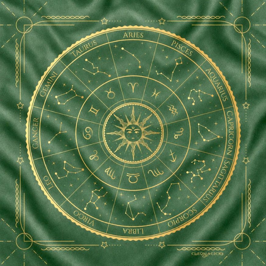 ZODIAC WHEEL ALTAR CLOTH, GREEN, 100% SILK