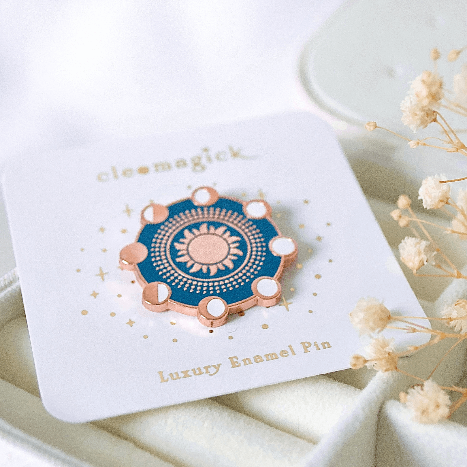 LUNAR PHASES ENAMEL PIN, BLUE & ROSE GOLD